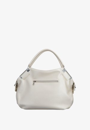 Sac à main en cuir texturé couleur crème avec double poignées supérieures, poche zippée à l'avant, et accents de boucle en métal argenté.