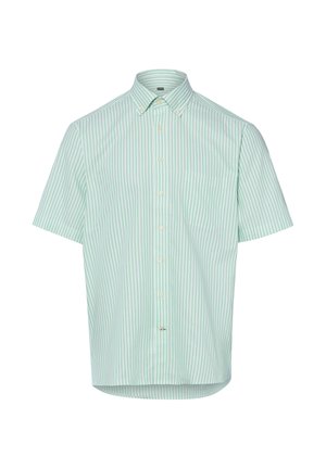 Kortärmelig overhemd met knopen, groene en witte verticale strepen en een borstzakje, getoond op een witte achtergrond.