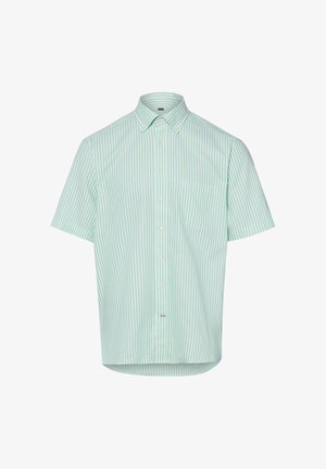 Kurzärmeliges Hemd mit Knopfleiste, grünen und weißen vertikalen Streifen und einer Brusttasche, auf weißem Hintergrund dargestellt.