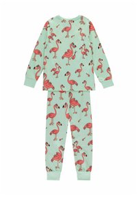 Mint green pajamas featuring a pattern of pink flamingos. Long-sleeve top and pants with ribbed cuffs, soft fabric, and playful design.