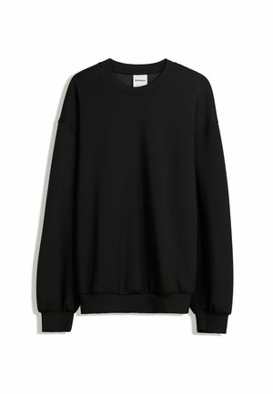Svart långärmad sweatshirt, tillverkad av mjukt material, med rund halsringning, ribbade ärmmuddar och en rynkad nederkant. Inga mönster eller dekorationer synliga.