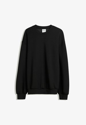 Svart långärmad sweatshirt, tillverkad av mjukt material, med rund halsringning, ribbade ärmmuddar och en rynkad nederkant. Inga mönster eller dekorationer synliga.