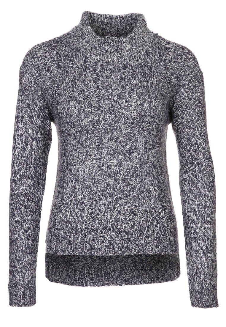 Granatowo-szary sweter z dzianiny z wysokim kołnierzem, ozdobiony teksturowanym wzorem warkocza i lekko dłuższym tylnym brzegiem.