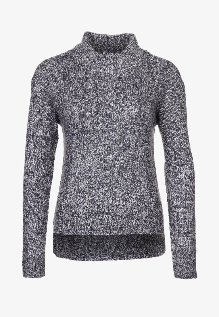 Granatowo-szary sweter z dzianiny z wysokim kołnierzem, ozdobiony teksturowanym wzorem warkocza i lekko dłuższym tylnym brzegiem.
