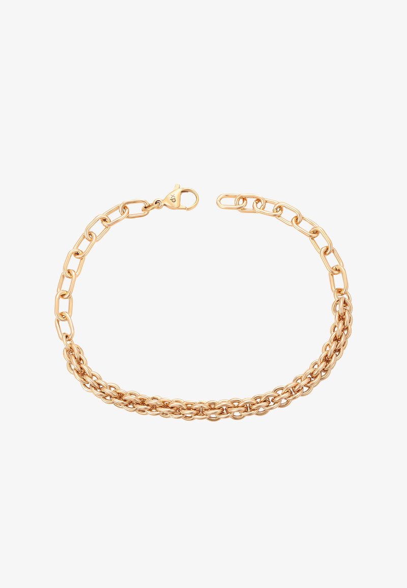 Bracciale in oro caratterizzato da due catene collegate: una con maglie ovali piatte e l'altra con design attorcigliato. Dotato di chiusura a moschettone.