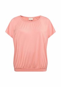 Ljusrosa kortärmad blus med rund halsringning, veckdetaljer vid axlarna och elastisk kant för en avslappnad passform. Mjuk, slät tyg.