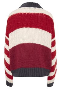 Maglione a righe rosso e crema con vestibilità ampia, orlo a coste e colletto grigio scuro. Realizzato in filato spesso e testurizzato.