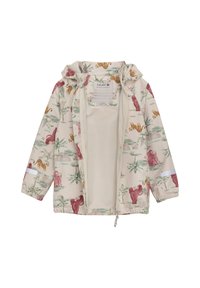 Giacca impermeabile leggera beige con cappuccio, caratterizzata da una stampa di animali colorata, polsini elasticizzati e chiusura con zip. Fodera interna liscia.