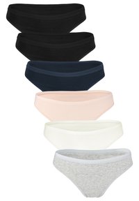 Six pairs of women’s briefs in black, navy, pastel pink, white, and light gray, featuring a smooth band and soft fabric texture.