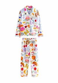 Bunte Pyjama-Set mit einem gemusterten Langarm-Oberteil mit verschiedenen Speise-Motiven und passenden Elastikbundhosen, beide aus weichem Stoff.