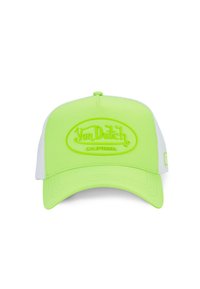 Casquette de camionneur verte fluo avec un dos en mesh blanc. Présente un logo "Von Dutch California" légèrement surélevé dans un vert assorti. Design de visière incurvée.