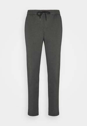 Donkergrijze sweatpants met elastische tailleband en zwarte trekkoorden, rechte pijpen, weergegeven op een effen witte achtergrond.