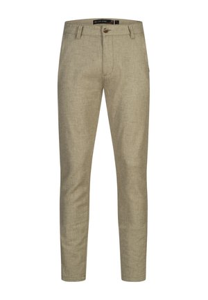 Beige linnebyxor med rak passform, framknäppning och subtil textur. Har standardfickor och fållade manschetter.