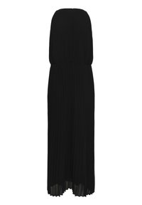 Robe maxi noire sans bretelles avec taille élastique et jupe plissée, dotée d'un ourlet semi-transparent et d'une fermeture éclair au dos.