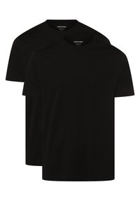 Deux t-shirts en coton noir à manches courtes, col rond, avec un branding minimal. Texture douce, coupe régulière, coutures lisses, sans motifs.