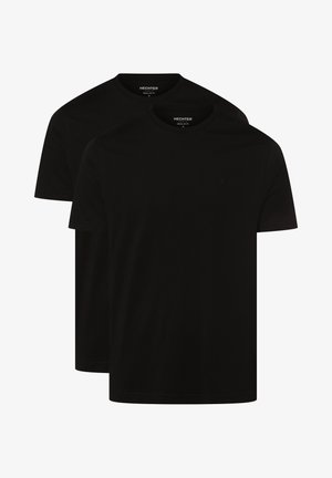 Deux t-shirts en coton noir à manches courtes, col rond, avec un branding minimal. Texture douce, coupe régulière, coutures lisses, sans motifs.