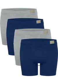 Vier Paare Herrenboxershorts, zwei grau und zwei marineblau. Hergestellt aus weichem Stoff mit elastischem Bund und Sloggi-Logoschildern.