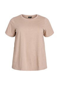 T-shirt beige à manches courtes en tissu doux avec un col rond, présentant une texture mouchetée et une coupe décontractée.
