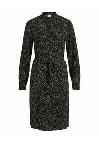 Černé midi šaty s dlouhým rukávem, zdobené malými béžovými a bílými abstraktními tečkami, s knoflíkovým zapínáním vpředu a páskem na zavázání v pase.