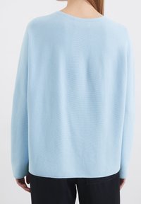 Pull bleu clair à coupe décontractée, texture côtelée et larges poignets. Le dos descend légèrement avec un col arrondi et un design minimaliste.