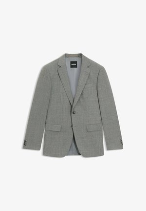 Gray tailored blazer with a subtle houndstooth pattern, two front pockets, single button closure, and satin lining.