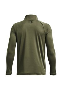 Pullover verde a maniche lunghe con colletto alto. Realizzato in un tessuto liscio, presenta cuciture piatte e un logo sul retro, design minimalista.