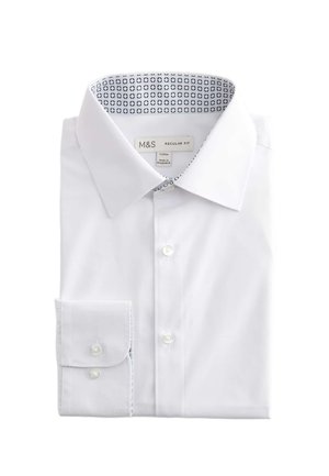White men's dress shirt folded neatly, regular fit, with patterned inner collar and buttoned cuffs.