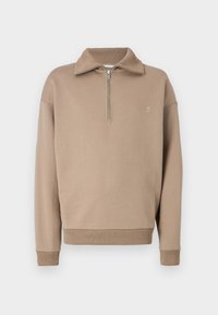 Sudadera beige con un alto cuello y media cremallera. Fabricada en una tela suave con puños y dobladillo de canalé, presenta un pequeño logo en el pecho.