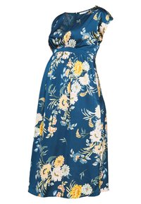 Sinivihreä äitiysmekko ilman hihnoja, jossa on tiukka kaula-aukko, kootut vyötärö ja keltainen, valkoinen sekä vaaleanpunainen kukkakuosi.