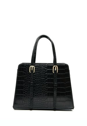 Sac à main en cuir noir avec texture crocodile, deux poignées supérieures et détails de boucle dorée sur les brides avant.