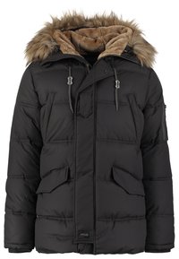 Czarna pikowana kurtka z kapturem wyłożonym sztucznym futerkiem, zamkiem błyskawicznym, dwoma przednimi kieszeniami oraz dodatkową kieszenią na rękawie. Miękka w dotyku.