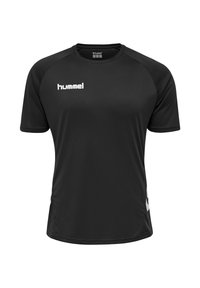 Schwarzes Sportshirt mit kurzen Ärmeln und weißem "hummel"-Logo auf der Brust sowie Chevron-Mustern an den Seiten.