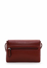 Red leather handbag with a smooth texture. Features a flap closure and a zippered pocket on the front for extra storage.