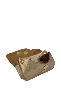 Pochette en cuir doré métallisé pliée avec intérieur en daim marron et boutons-pression dorés sur fond blanc.