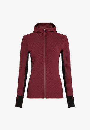 Bordeaux farvet zip-op Hoodie med tekstureret stof, sorte sidepaneler og en høj krave. Har lange ærmer og tommelfingergreb ved manchetterne.
