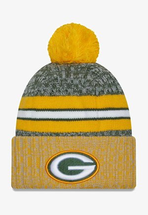 Knit beanie, gray and gold with yellow pompom. Features alternating stripes, white and green accents, and an embroidered logo on the cuff.