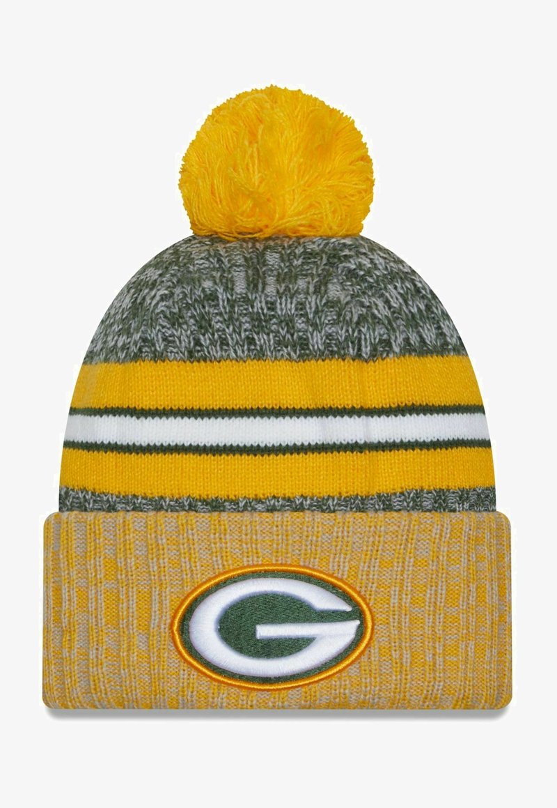 Knit beanie, gray and gold with yellow pompom. Features alternating stripes, white and green accents, and an embroidered logo on the cuff.