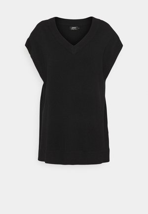 Gilet en maille noir sans manches avec col en V et coupe ample, présenté sur un fond clair uni.