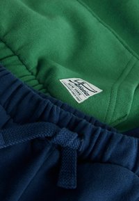 Grønne og marineblå sweatpants har en blød bomuldsblanding, elastisk talje med snøre og et mærke syet på det indre stof.