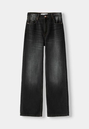 Schwarze, weit geschnittene Jeans mit einem ausgebleichten Denim-Finish, Fünf-Taschen-Design und kontrastierenden Nähten. Verfügt über einen Knopf- und Reißverschluss.