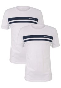 White cotton t-shirts featuring a crew neck and short sleeves. Horizontal navy stripes across the chest with "DENIM TOM TAILOR" logo.