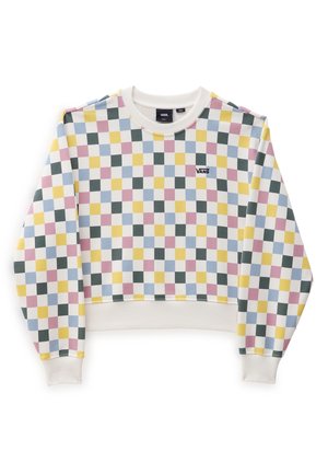 Bluza Vans z okrągłym dekoltem z wielokolorowym pastelowym wzorem w kratkę w kolorach żółtym, różowym, niebieskim i zielonym na białym tle.