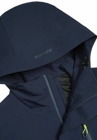 Marine vandtæt jakke med hætte, frontlynlås og indvendig foring. Inkluderer synligt logo og justerbare snore til tilpasning.