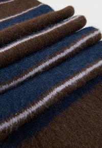 Striped fabric in dark brown and blue, featuring a soft, fuzzy texture with white accent lines, arranged in layers.