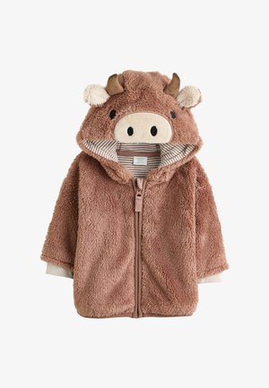 Mīksta brūna bērnu jaka ar rāvējslēdzēju, kapuce ar govs seju, ausīm un ragiem, kapuces iekšpuse ir svītrainā audumā.