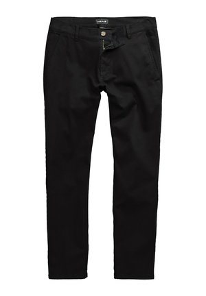 Schwarze Herren-Slim-Fit-Hose mit Knopf- und Reißverschluss, Gürtelschlaufen und vorderen Seitentaschen.