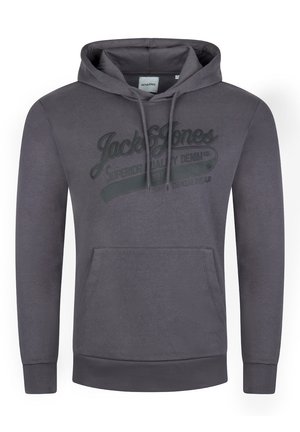 Graue Kapuzen sweatshirt mit einer Fronttasche und Kordeln. Verfügt über ein dunkles bedrucktes Logo auf der Brust sowie gerippten Bündchen und Saum.