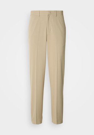 Beige Anzugshosen mit geradem Bein, aus einem glatten Stoff, mit flacher Vorderseite und ohne sichtbare Taschen oder Verzierungen.