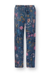 Blaue Stoffhosen mit Blumenmuster und elastischem Bund. Sie sind mit verschiedenen farbigen Blumen und Blättern in filigranen Designs verziert.