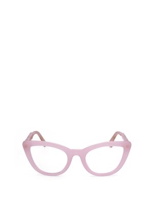 Montatura per occhiali stile cat-eye rosa con lenti trasparenti, mostrata su sfondo bianco.